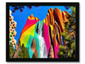 A waterfall surrounded by a colorful painting on a picture frame with different colors.