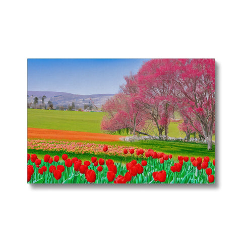 A large picture of a picture of pink tulips on a card.