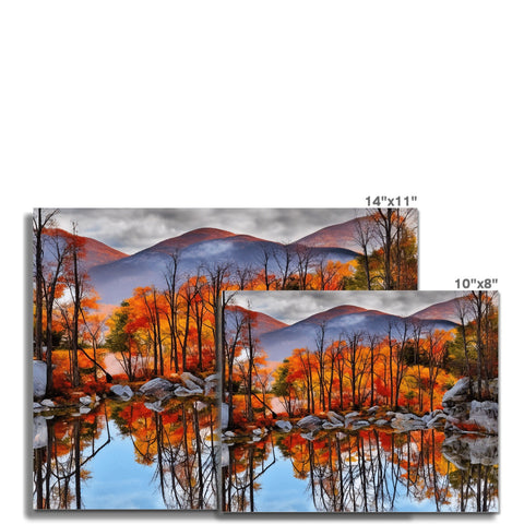 A table holding pictures of fall foliage on a tile floor in a room filled with decor