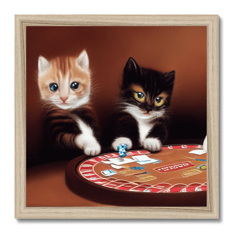 Two kittens sitting under a wooden table in a casino with black and white cards holding various