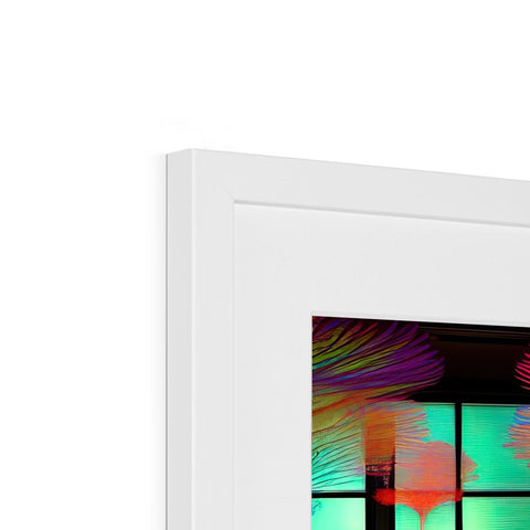 A window in a white room with colorful lights and an iMac.