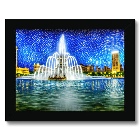 An art print of a large fountain that stands next to the city skyline near a fountain