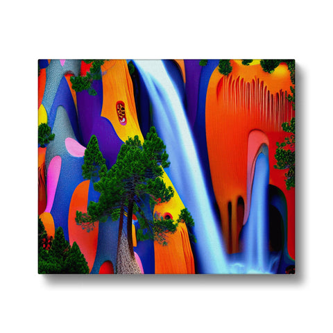 A colorful art print with water in the ocean near a waterfall.