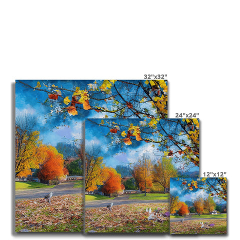 Several cards with pictures of autumn trees and flowers that are inside of a blanket on a