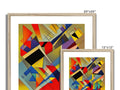 A set of picture frames with different types of art hanging on the wall.