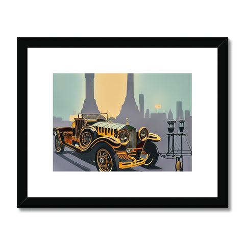Art print of car and truck in parking lot next to sidewalk with street signs.