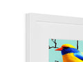 a very colorful bird sitting on top of a picture frame in a room