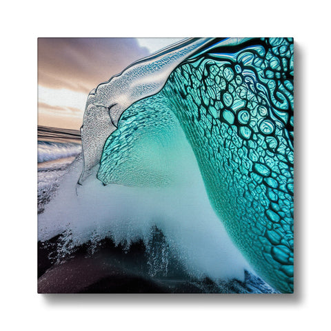 An image of a surfboard riding through some water with some turquoise waves.