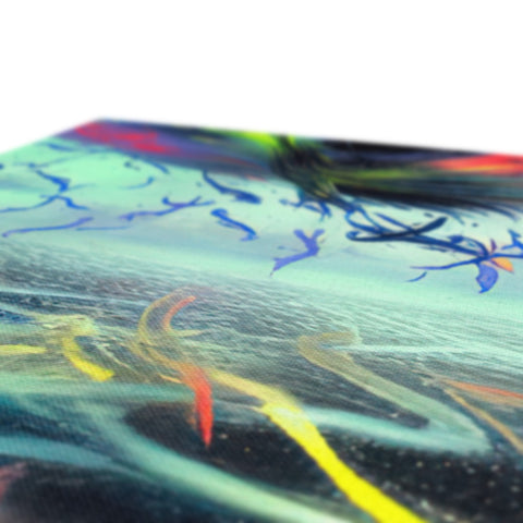 A glass tabletop with an abstract painting on it.