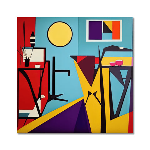 Art prints hanging on walls and windows with artwork of abstract design on them.