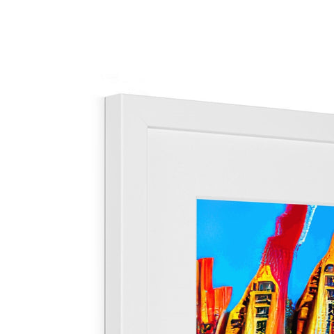 A red picture frame with a white and blue image frame in it.