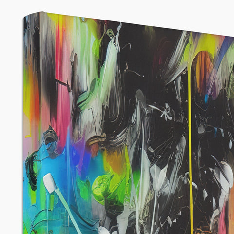 An a painting of graffiti covered in spray paint sits on a black canvas.