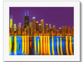 Art prints and pictures of the skyline of Chicago are displayed on a board