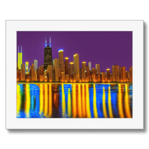 Art prints and pictures of the skyline of Chicago are displayed on a board