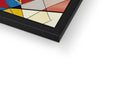 A black frame with two images in front of a rainbow colored tile.