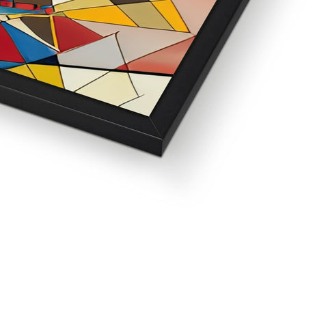 A black frame with two images in front of a rainbow colored tile.