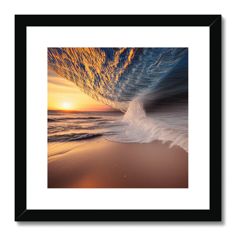 The silver framed print of a picture of a wave crashing into a sandy beach.