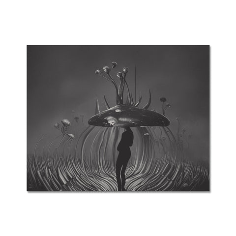An alien painting with a raindrop sitting on a white background behind a water body.