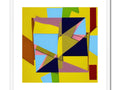 A beautiful art print, with a lot of triangles and squares, hanging off of a
