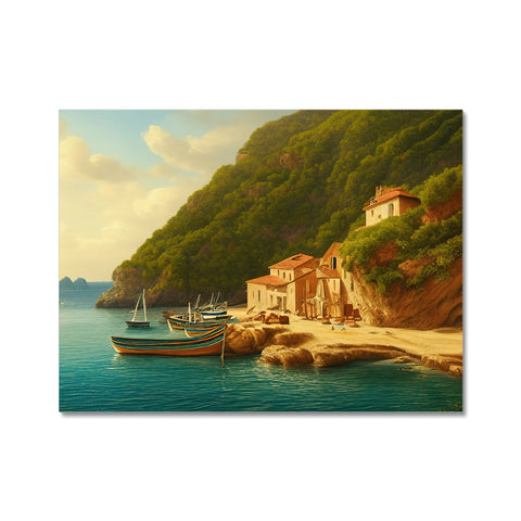 Art print of a coastline with boats drifting along past tall grassy slopes.