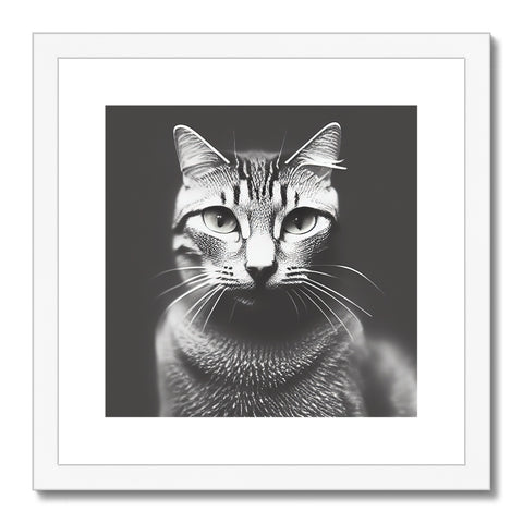 A gray cat with black and white stripes in a picture on a white paper frame.