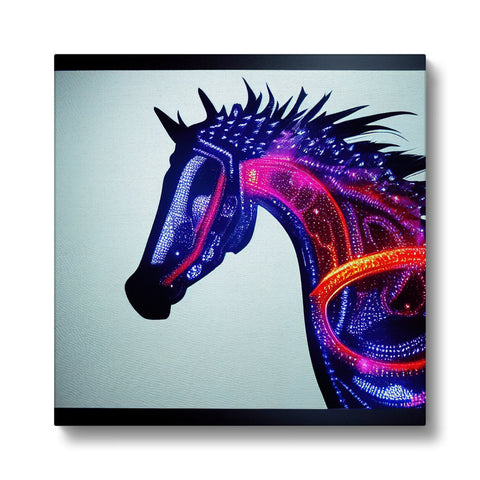 Some art print of a horse riding through the woods.