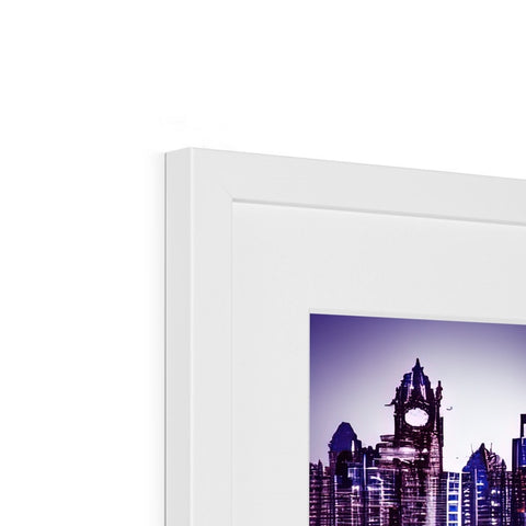 A picture of a clock and a framed photograph of a city skyline.