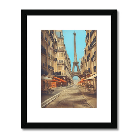 A framed print of a picture of the French tower atop Paris looking out across the street