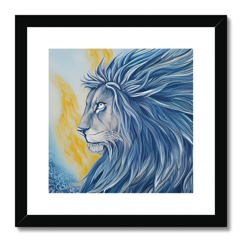 A framed picture of a blue and white lion hanging on a fireplace.