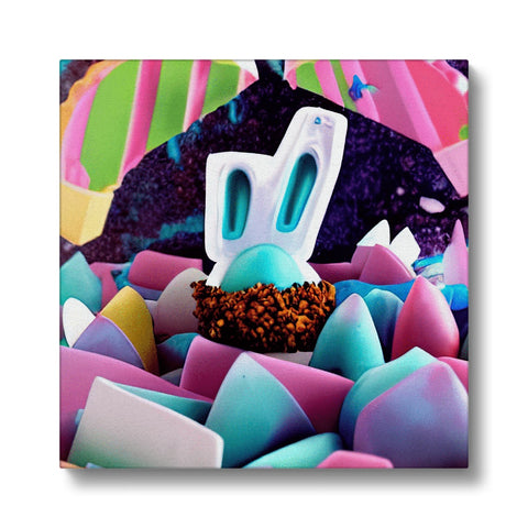 An animated bunny on the surface of an Easter bunny shaped box.