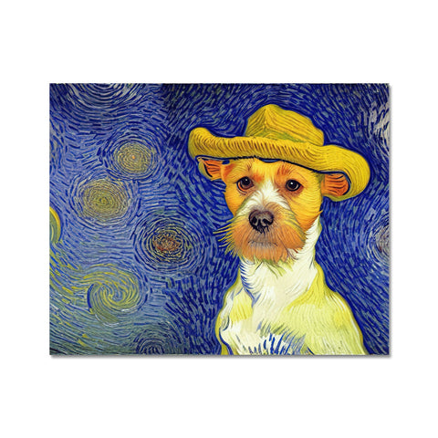 A dog is curled up on a blanket next to a painting of a sunhat.