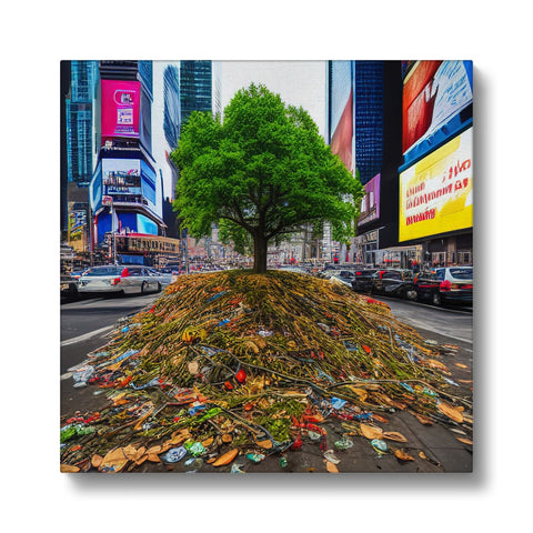 Art print of a green tree lying on a street, next to a trash can.