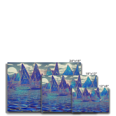 A group of sailboats in different colors sitting in water, sailboats are sailing along