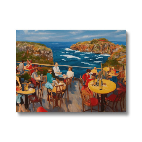 A view of the ocean with a group of colorful placent on a table.