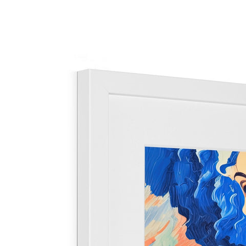 A framed picture of art prints on blue walls with small pieces of painting on it.
