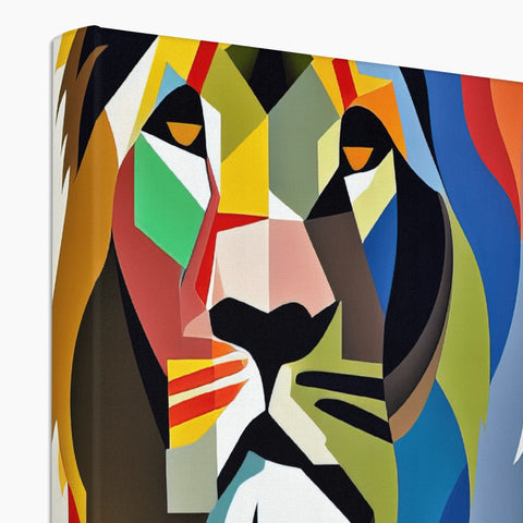 Book stands with art prints including one of a lion standing on a red wooden pole holding