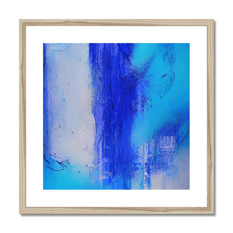 A framed photo of an abstract painting with a large blue wall hanging and blue wall.
