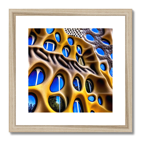 A gold framed picture of an architectural object in a living room with a photograph on a