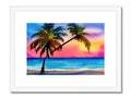 A tropical island with many trees and a sunset on a white background.