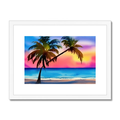 A tropical island with many trees and a sunset on a white background.