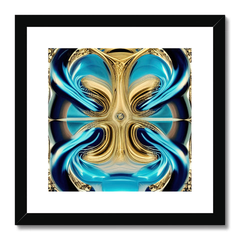 A large art print with a swirling water fountain, that features two geometric geometric designs.