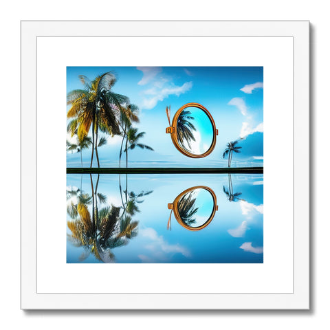 An art print framed in a mirror with tropical island sitting on top.
