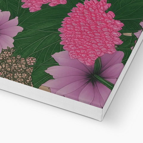 A floral printed card sits on top of and under a white paper box.