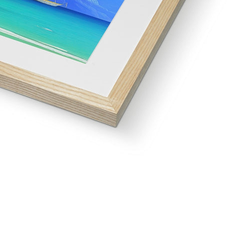 A photo of a blue framed print on a wooden frame