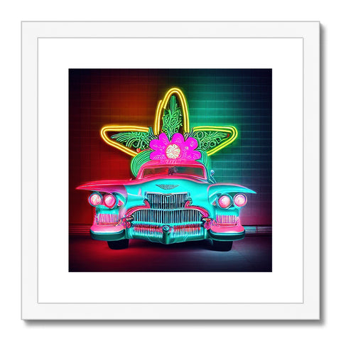 a neon sign on a car and neon lights in the sky