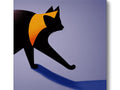 A black cat is leaning against a blue and yellow table.