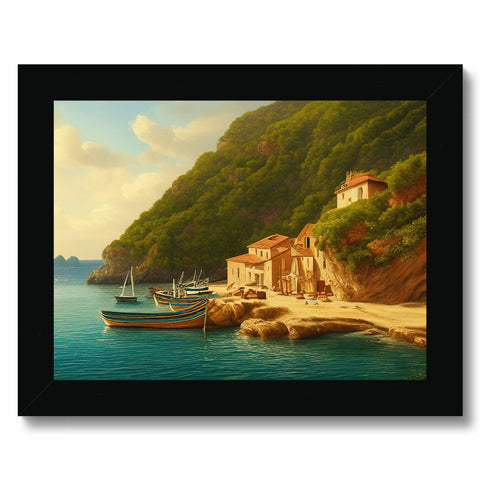 A wooden frame containing a beautiful image of a harbor surrounded with beautiful blue seas.