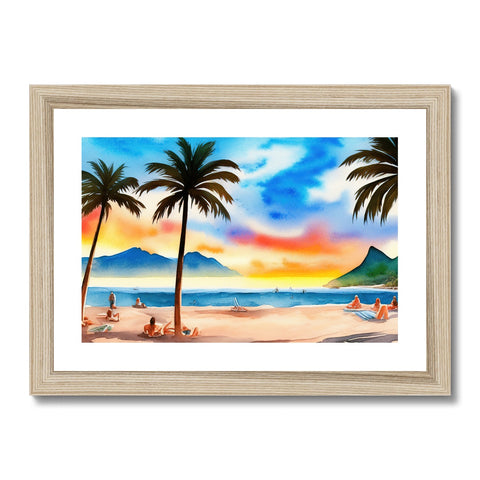 a white picture framed with painting of sunset in beach with palm tree and water