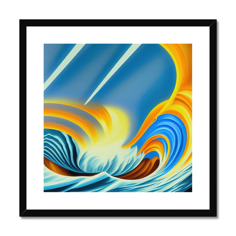 A picture on a wood frame with wave cresting into a body of water.