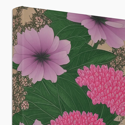 A floral patterned notebook sitting on top of a white desk with a picture of flowers